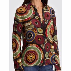 NWT Alice + Olivia Willa Hands of Time Silk Blouse Top Burgundy Red Zodiac L
